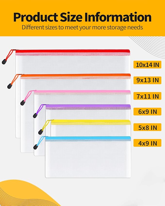 SUNEE Multisize Mesh Zipper Pouch (6 Colors, 30 Packs), Mesh Bags with Zipper for School Office Supplies, Puzzles & Games, Accessories, Waterproof Zipper Pouches for Organizing