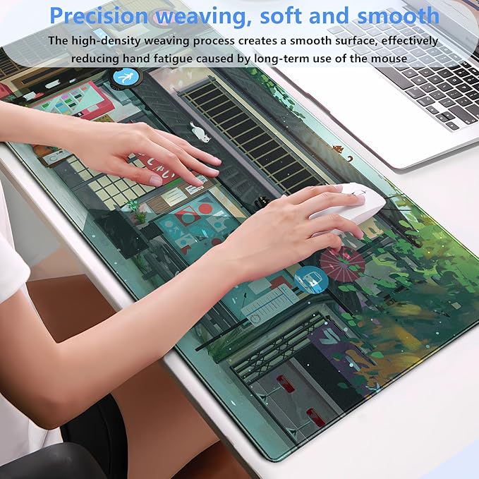Kawaii Anime Cat Gaming Desk Mat Pad XL Large Mouse Pad (31.5"x15.7") Mouse & Keyboard Desk Pad with Stitched Edge, Vibrant Green Design for Home Office & Computer Gaming Setup