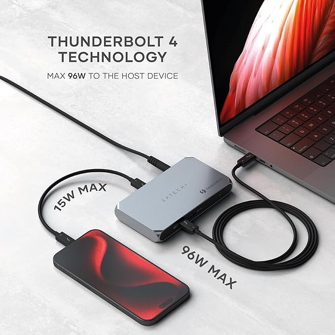 Satechi Thunderbolt 4 Dock Slim Hub Pro, USB C 100W Charging, Single 8K or Dual 4K Display, 4 Thunderbolt 4 Ports, USB 3.2 Gen2, for Mac/Windows, MacBook Pro/Air M4/M3/M2/M1, Dell, Surface, Lenovo