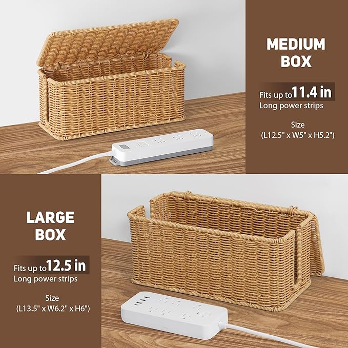 2Pack Large Cable Management Box Black, Handwoven Imitation Rattan Cord Organizer Cord Hider, Desk Cord Management Box to Hide Cords and Power Strips on Desk or Floor