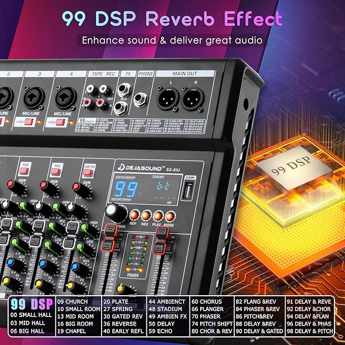 8-Channel Audio Mixer for PC,SX-8iu Mixing Console with XLR Inputs, Bluetooth, 99 Digital Signal Processor Effects, USB Interface, MP3 Compatible for Podcast, Music, Recording 9.84"x2.17"x15.35"inches