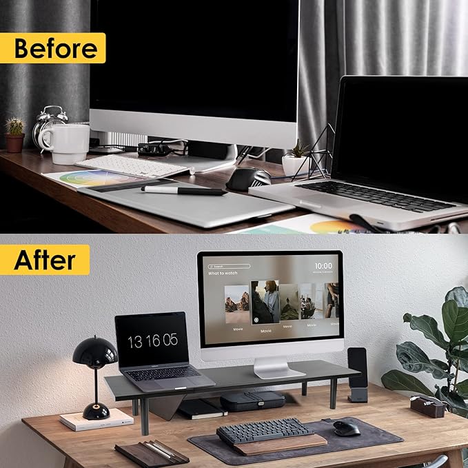 Dual-Monitor-Stand-Riser-For-Desk Adjustable Length 32-40 Inch，Large Desktop Computer Monitor Riser For 2 Screens，Desk Shelf Organizer Riser Stand For Computer/Laptop/PC/Printer/TV Black