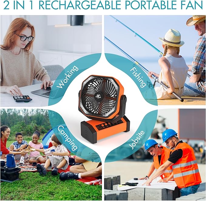 KITWLEMEN Camping Fan with Light - 20000mAh Rechargeable Battery Fan, 60Hrs Max Run Time, 4 Speeds, Timer, Auto Oscillation, 270° Pivot & Hook for Camping, Power Outage, Hurricane