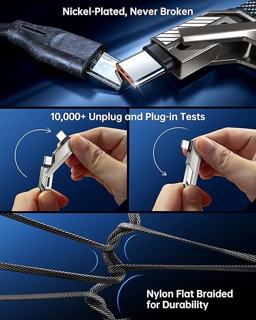 SHEZI 4-in-1 USB C Cable 45W 5FT 90 Degree L Cable, [Fast Charging & 480Mbps Data Transfer] Flat Nylon Braided Charger Cord Combo, USB A/C to C/L Multi Charge Cable for iPhone/iPad & Most Devices