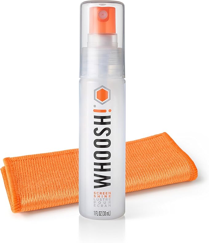 WHOOSH! Screen Shine Go - 1 fl oz Refillable Screen Cleaner Kit with Microfiber Cloth for MacBook, Phone, iPad & Eyeglasses - Powerful Streak-Free Cleaning - Pocket-Sized, TSA-Approved for Travel