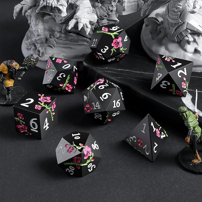 Metal Dice Set D&D, DNDND 7 PCS Flower Metallic DND Dice Set with Grogeous Gift Case for Dungeons and Dragon Tabletop Game (Matte Black with Pink Flower)