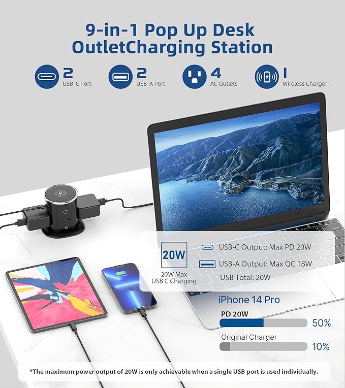Jgstkcity Pop Up Outlet for Countertop 3.15-inch Desk Wire Hole Insert,9-in-1 Power Strip with 15W Wireless Charger,4 Outlets 4 USB Ports,15Amp Tamper Resistant Receptacle, ETL Listed (Black)