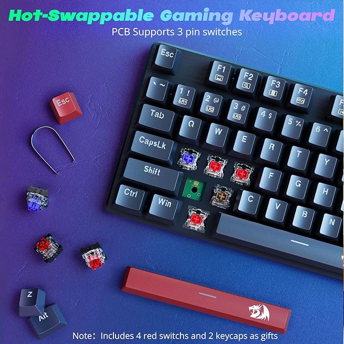 Redragon Mechanical Gaming Keyboard Wired, 11 Programmable Backlit Modes, Hot-Swappable Red Switch, Anti-Ghosting, Double-Shot PBT Keycaps, Light Up Keyboard for PC Mac