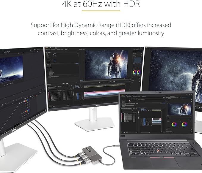 StarTech.com 3-Port USB-C Multi-Monitor Adapter, USB Type-C to 3x HDMI MST Hub, Triple 4K 60Hz HDMI Laptop Display Extender / Splitter, HDR, Extra-Long Built-In Cable, Windows (MST14CD123HD)