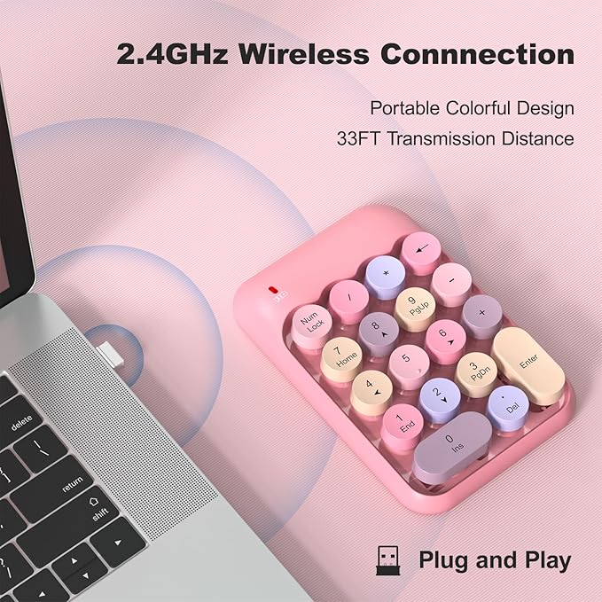MOFII Wireless Number Pads - Pink Numeric Keypad 18 Keys USB 2.4G Round Keycap Colorful Extensions Keypads, Financial Accounting Portable Numpad 10 Key for Laptop/PC/Notebook/Surface Pro