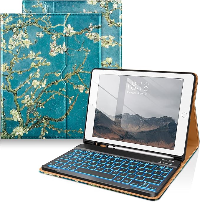 DTTO for iPad 9th/8th/7th Generation 10.2" Case 2021/2020/2019 with Keyboard, 7 Colors Backlit Wireless Detachable Keyboard Premium Leather Folio Cover with Pencil Holder & Pocket, Blossom