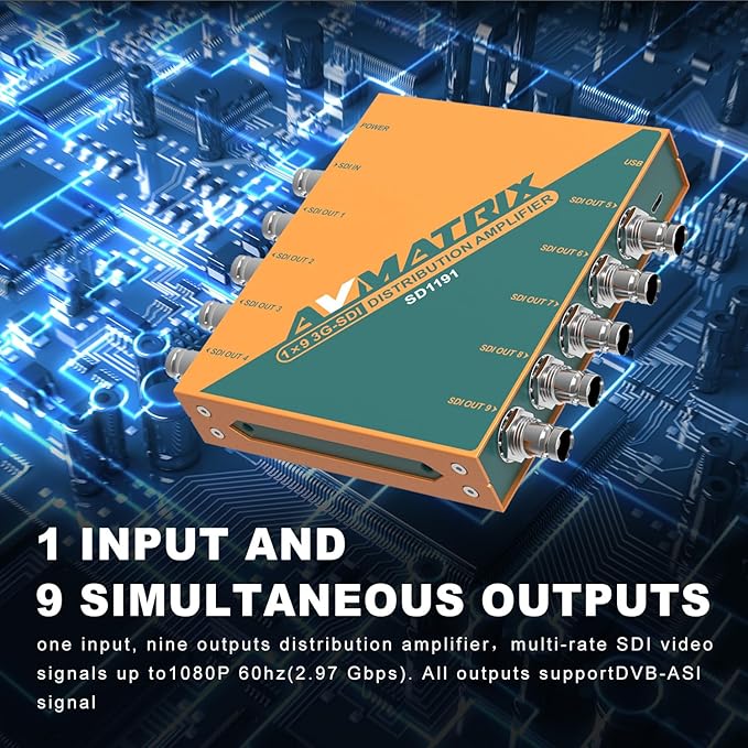 AVMATRIX SDI Splitter 1×9 Distribution Amplifier 3G/ HD/SD Supported DVB-ASI Formats, Re-clocking, Equalization, Signal Retiming 1080p @60hz (SD1191)