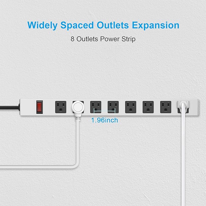 JUNNUJ Metal 8 Outlet Power Strip, Mountable Heavy Duty Power Strip, 1200J Surge Protector Wall Mount Screws Outlet with Switch, Gaming Desk Strips Wide Spaced 15A 125V 1875W, 10 FT 14AWG Power Cord