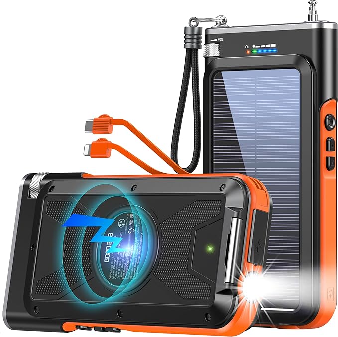 GOODaaa Solar Power Bank, 45800mAh Wireless Portable Charger Built-in Cables,15W Fast Charging Solar Charger, USB C in&Out and USB A Battery Pack for Outdoor with Emergency Radio,Flashlight