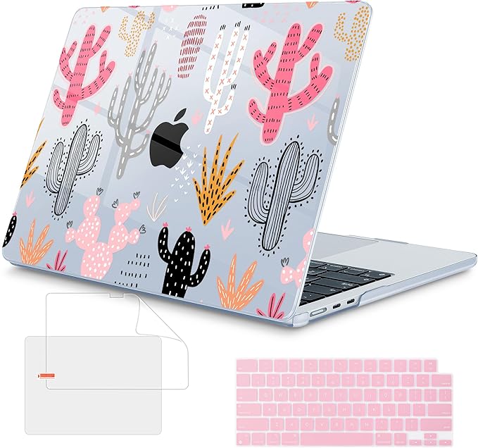 Mektron for 2025 MacBook Air 15 inch M4 Case A3241/ 2024 M3 A3114/ 2023 A2941 M2 Hard Printed Case with 15.3 Liquid Retina Display Touch ID, Plastic Hard Cover & Keyboard Skin- Colorful Cacti-Blue