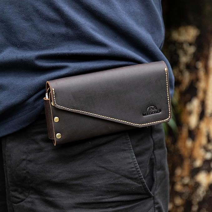 topstache Leather Phone Holster with Belt Loop, Magnetic Closure Cell Case Card Holder Wallet,Leather Pouch for iPhone 14 Pro,Galaxy S23(Fits Otterbox on) L,Darkbrown, Belt Loop-Darkbrown (C0403)