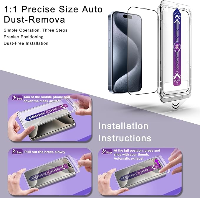 2 Pack Screen Protector for iPhone 15 Pro, 9H Tempered Glass, Full Coverage, Anti-Fingerprint, Auto Dust-Elimination, No Bubble, Easy Installation