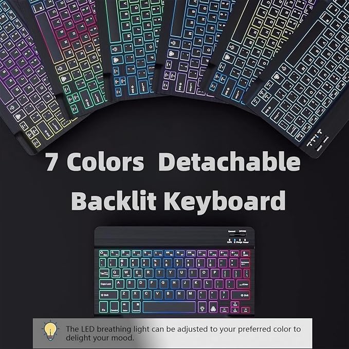 Keyboard Case for Galaxy Tab S10 Plus/S9 Plus/S9 FE Plus/S8 Plus/S7 Plus/S7 FE 12.4 Inch, 7 Color Rainbow Backlight Detachable Magnetic Keyboard Cover with S Pen Holder,Black