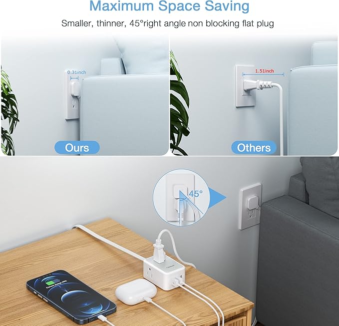 Ultra Thin Flat Extension Cord 10 FT, TESSAN Small Flat Plug Power Strip with 3 USB Charger (1 USB C), 3 Outlets Desk Charging Station, 10 Feet Long Slim Plug for Travel, Dorm Room, Office Essentials