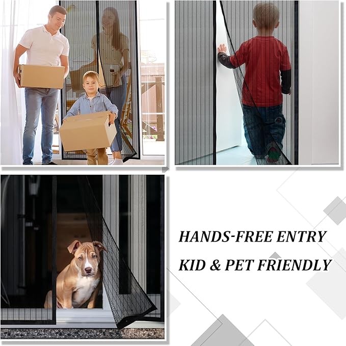 Magnetic Screen Door - Self Sealing, Heavy Duty, Hands Free Mesh Partition Keeps Bugs Out Let Breeze in- Pet and Kid Friendly - Keep Open Feature (Black, Fit Door Size 39 x 82 Inch)
