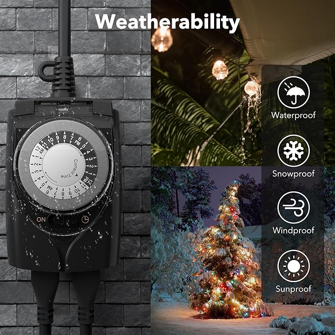 HBN Outdoor Timer Outlet Waterproof, 24 Hour Mechanical Light Timers for Electrical Outlets Outdoor Weatherproof, 2 Grounded Outlets for Christmas Lights, Pool Pump, 15A 1/2HP