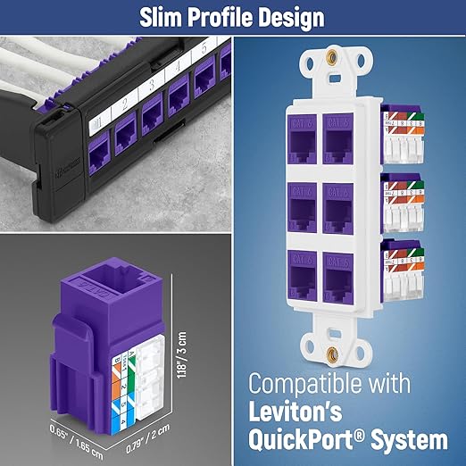 Everest 90° Angled RJ45 Cat6 Keystone Jacks 10-Pack in Purple - Slim Profile Female RJ45 Connectors - Cat 6 Keystone Jack - Compatible with 90° Angled Speed Termination Tool - easyJACK (B094WB91H3)