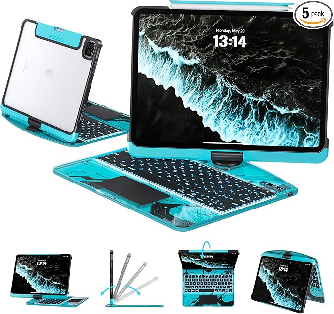 Transparent Case with Keyboard for 2024 iPad Pro 13 inch (M4), iPad Pro 13,7-Color Backlit,Magic Wireless Keyboard, 360°Rotating,Multi-Touch trackpad,Pencil Holder,with Shortcuts,Blue