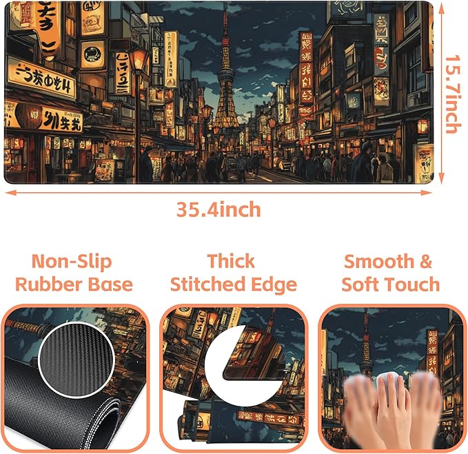 Mouse Pad Large Bustling Street Non-Slip Game Desk Mat with Stitched Edge Laptop Keyboard Desk Pad for Work Home Gaming (35.4 x 15.7 Inches)