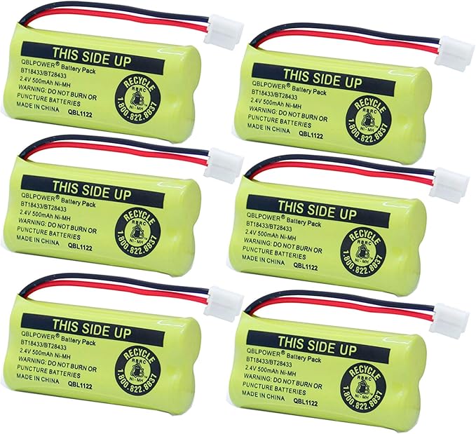 BT18433/BT28433 2.4V 500mAh Ni-MH Battery Pack Rechargeable Compatible with BT184342 BT284342 BT-8300 BATT-6010 BT1011 BT1018 BT1022 BT1031 89-1326-00-00/89-1330-01-00/CPH-515D (Pack of 6)