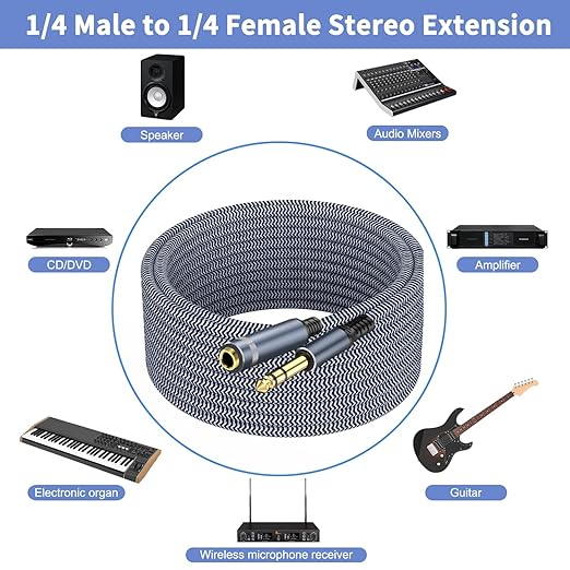 1/4" Male to Female Stereo Headphone Guitar Cable - 25ft Quarter Inch Extension