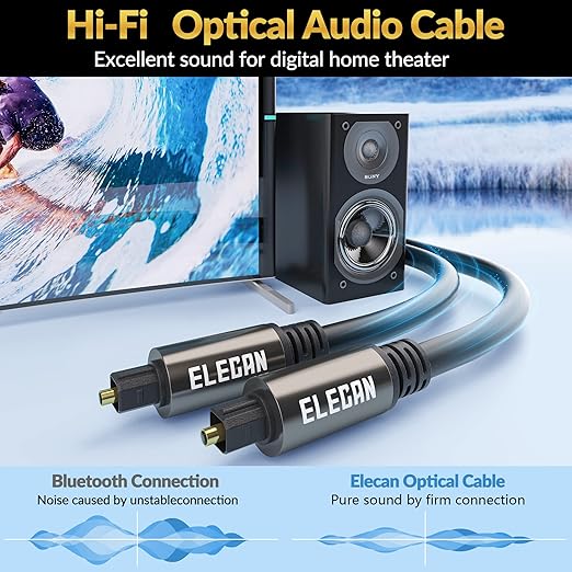 Elecan Optical Audio Cable 150 Ft Digital Audio Toslink Cable Cord-Fiber Optic-Gold Plated-Flexiable&Durable-for Home Theater,Sound Bar,PS4&Xbox-with 4 Right Angled and Mini Toslink Adapters+Ties