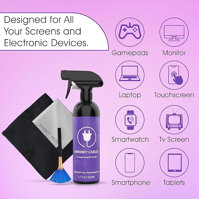 Swanky Computer Screen Cleaner Kit: Set of Electronic Cleaner Spray Microfiber Cleaning Cloth for TV, iPad, iPhone, Monitor, Laptop (17 Oz, 4-Pack)