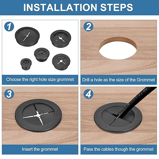 uxcell 4Pcs Cable Cord Grommet, 3/8"(10mm) Rubber Desk Grommets Wire Pass Through Hole Cover with Marked Cable Ties for Home Office Cable Wire Protection, Black