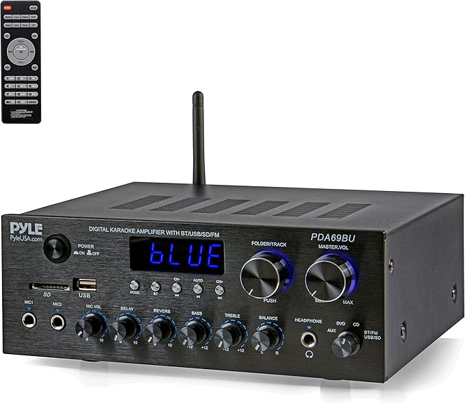 Pyle Stereo Amplifier Audio Receiver with Remote Control - Bluetooth Streaming, MP3/USB/SD/FM Radio, 2.0 Channel HiFi Sound System with RCA/Aux Inputs, Microphone & Headphone Jacks, Adjustable Bass