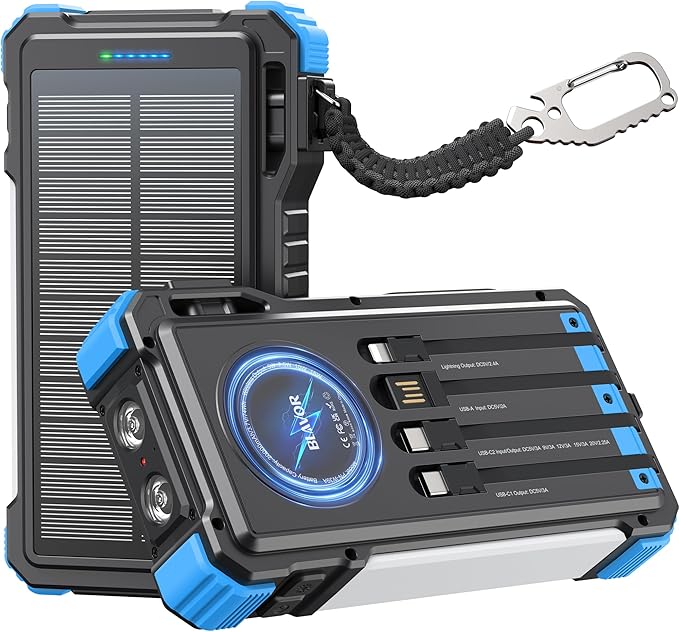BLAVOR 45W Solar Charger Power Bank - 74000mwh Wireless Portable Charger Built-in Cables, PD QC Fast Charging Battery Pack with USB C for Cell Phones, Dual Flashlight & Carabiner for Camping, Hiking