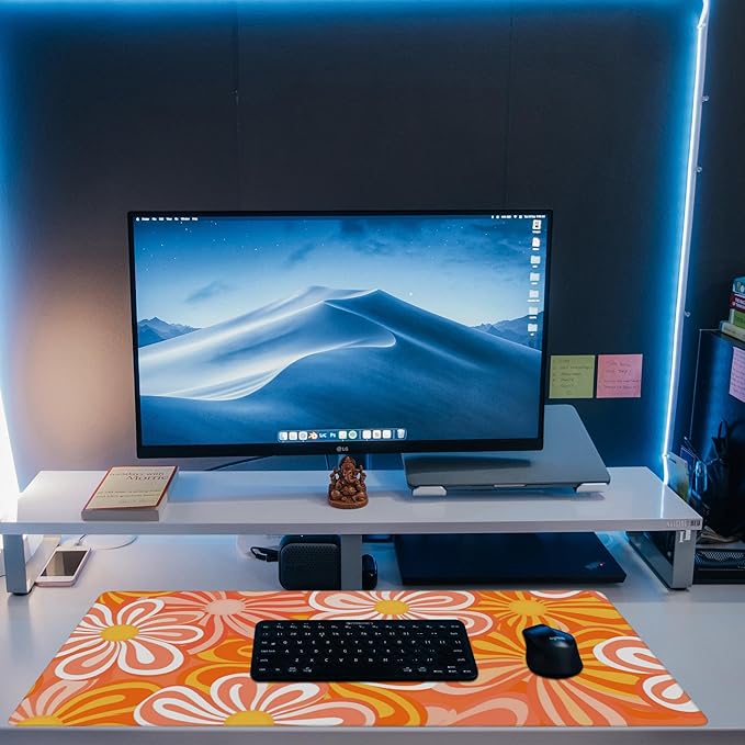 Desk Pad,Hippie Vintage Orange Flowers Desk Mat,Retro Floral Large Gaming Mouse Pad for Desk,Extended Big Computer Keyboard Mouse Pad with Non-Slip Base and Stitched Edge,35.4"x15.7"