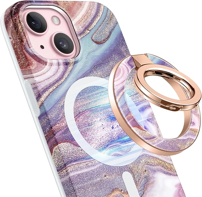 GVIEWIN Magnetic Phone Ring Holder, Compatible with MagSafe Phone Grip with Adjustable Stand, Magnet Phone Ring Kickstand for iPhone 16 Pro Max/Plus/15/14/13/12 Series/Other Phones (Flowing Sakura)
