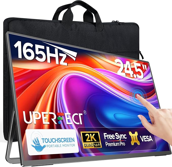 UPERFECT 24.5" 2K Portable Monitor Touchscreen, 165Hz Gaming Monitor FreeSync 0.1ms Fast IPS Large Screen, Built-in 180° Adjustable Stand/VESA, USB-C HDMI Second Screen for Laptop, Phone, Game Console