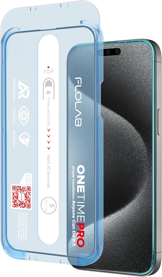 FLOLAB NanoArmour ONETIME PRO for iPhone 15 Screen Protector, Anti-Reflective, Anti-Rainbow, 3D Tempered Glass, Ultra Clear, Edge Reinforced, Easy Install, Dust-Free, Scratch Resistant