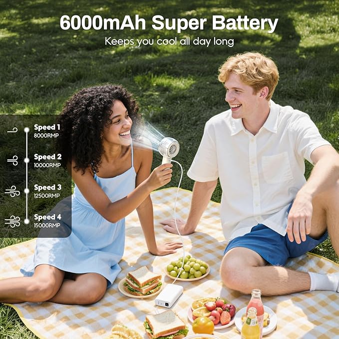 Misting Portable Handheld Fan, Powerful Turbo Motor, 6000mAh Rechargeable Battery, Personal Mini Fans with 4 Strong Wind, Cooling Gadgets for Travel, Camping, Beach, Outdoor, Gifts for Women Men-Ivory