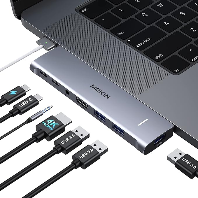 MacBook Pro Adapter, USB C Adapter for MacBook Pro/Air M1M2M3 2022 2021 2020 13" 15" 16", Mac Dongle with 4K HDMI, 3 USB 3.0, USB C 3.0 and 100W Thunderbolt 3, Audio, Support MagSafe 3 Charging