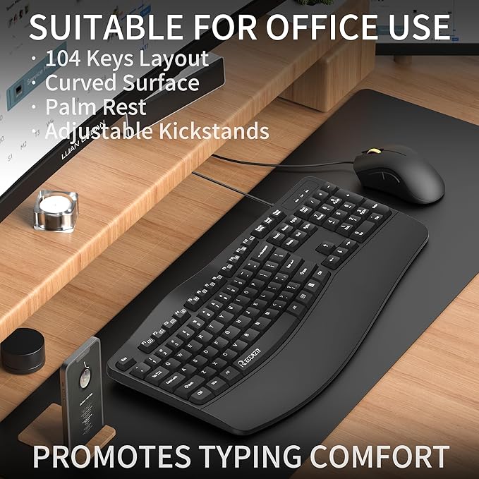 Ergonomic Keyboard, Wired Computer USB Keyboard with Wrist Rest, Spill-Resistant, Wave Keys for Natural Typing, Compatible with Windows/PC/Laptop(Black)