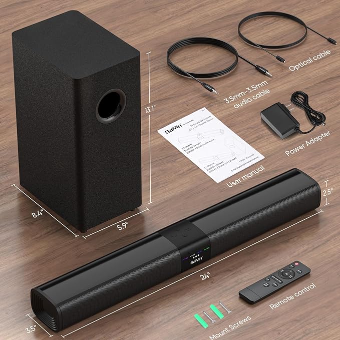 Saiyin Sound Bar for Smart TV with 5.25 Inch Subwoofer, 100W 24 Inch Soundbar for TV, TV Soundbar with Optical, ARC, AUX and Bluetooth 5.3 Inputs, Detachable Surround Sound System for TV