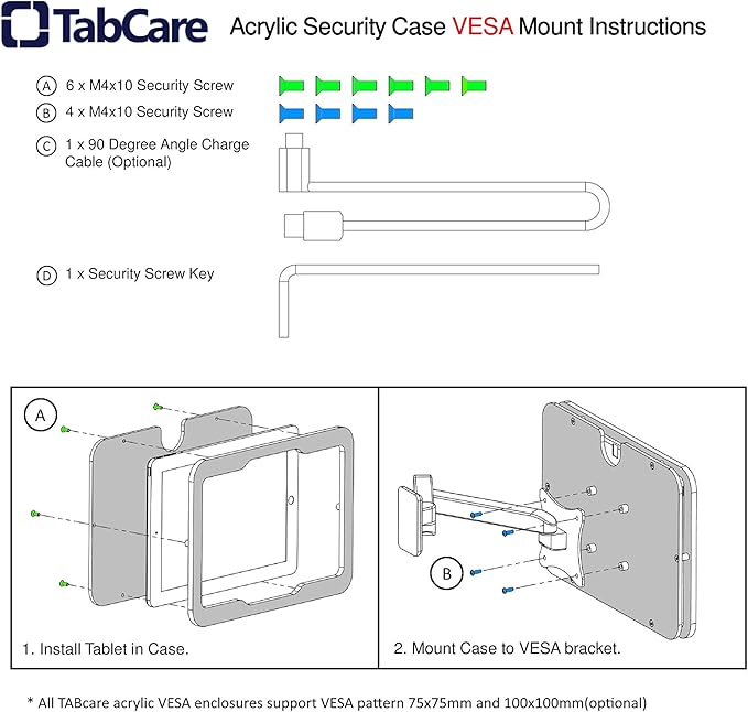 TABcare Anti-Theft Acrylic VESA Enclosure for Apple iPad 7/8/9 10.2" with Free Wall Mount Kit & 90-Degree Angle Charge Cable (iPad 7/8/9 10.2", Clear)