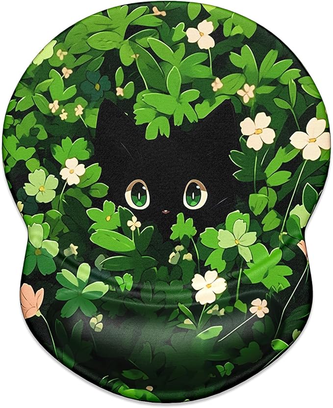 ITNRSIIET Ergonomic Mouse Pad with Gel Wrist Support Small Wrist Rest Smooth Surface Non-Slip PU Base Comfortable Office Supplies Pain Relief, 8.7 x 7.2 inches, Green Leave Cat