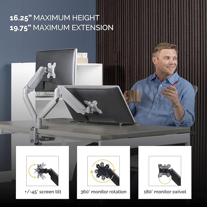 Fellowes Platinum Series Dual Monitor Arm for 40-Inch Monitors, Full Motion, 360° Rotation, VESA Mount with Grommet or Clamp, USB Ports, Ergonomic, Silver, 8056501
