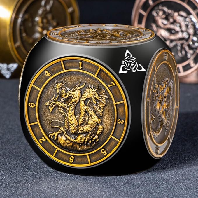 7 in 1 D6 Spinner DND Dice Set D&D, Metal Cube D and D Dice with Gift Box, Dungeons Dragons Role Playing Dice, Black Gold