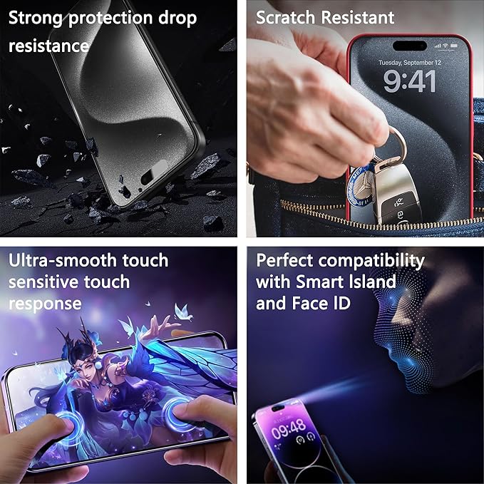 2 Pack Matte Screen Protector for iPhone 16 Pro, 9H Tempered Glass, Full Coverage, Anti-Fingerprint, Auto Dust-Elimination, No Bubble, Easy Installation