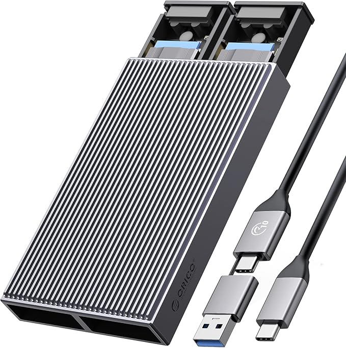 ORICO Dual M.2 NVMe SATA SSD Enclosure, USB C to M2 Adapter for M Key PCIe & B+M Key 2230/2242/2260/2280 SSDs,Tool-Free Installation Aluminum SSDs Reader Support Trim and UASP up to 2x4TB-BM2-2SN