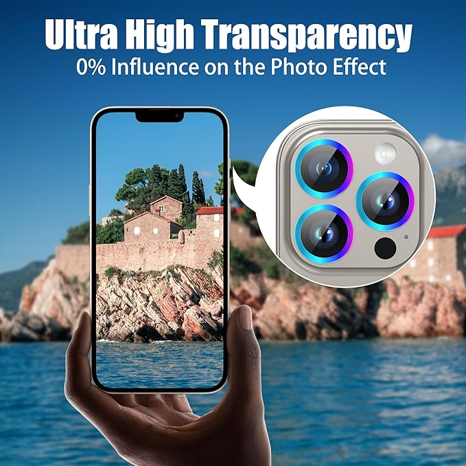 AGVEE 3+3 Camera Lens Protector for iPhone 15 Pro 6.1" / 15 Pro Max 6.7", Brushed Metal Ring 9H Tempered HD Glass Camera Protector Cover Film, Original